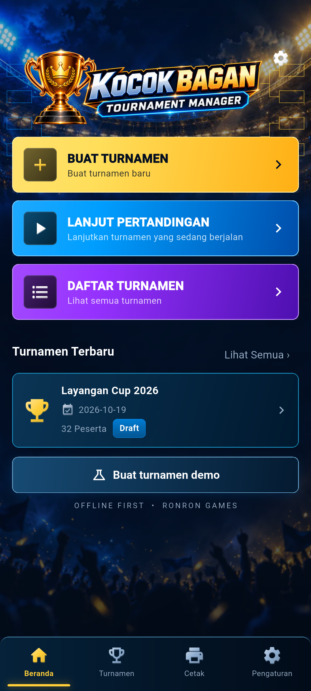 Actual Kocok Bagan home screen with create, resume, and tournament list options